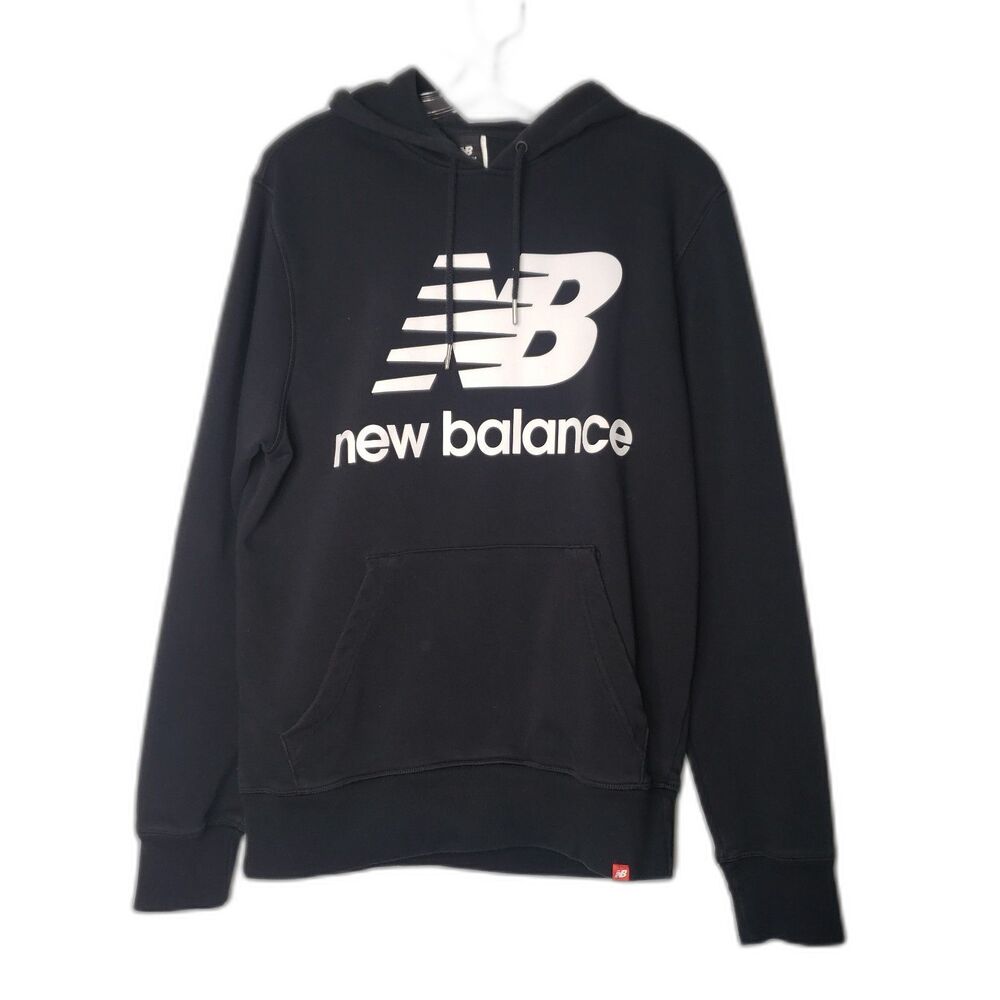 New Balance Hoodie Mens Medium Black Logo Pullover Sweatshirt Kangaroo Pocket